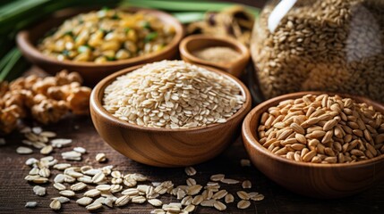 Obraz premium Assortment of healthy whole grains and cereals in wooden bowls.