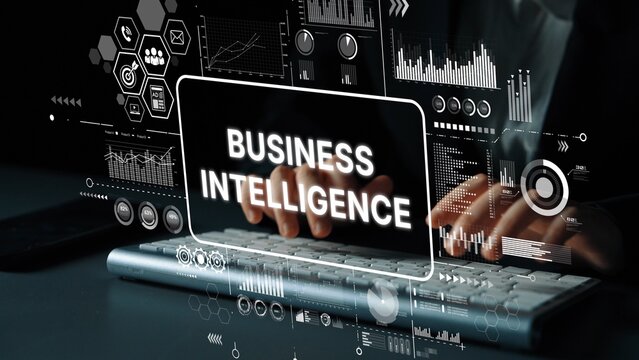 Modern Business Intelligence Concept with Data Analysis and Technology Graphics on Keyboard Background. Asymptotic smart data analytic. - Powered by Adobe