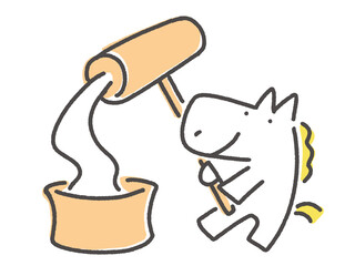 餅つきをするかわいい白馬キャラクター　臼と杵　正月素材
