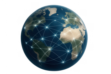Global network connection on planet earth, illustrating internet communication, technology, and widespread data exchange. Transparent background