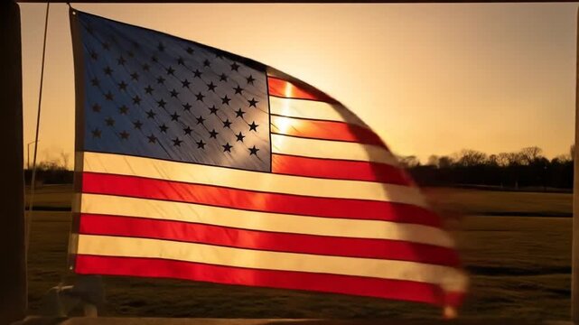 American flag waiving in the sunset light viewed through a monument, expressing freedom and