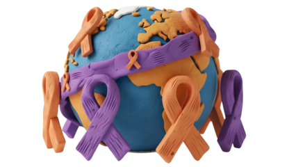 3D illustration of a globe with purple and orange awareness ribbons around it symbolizing global health causes and support