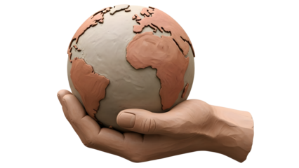 Hand holding earth globe with rough texture and brown continents, symbolizing global care and environmental protection