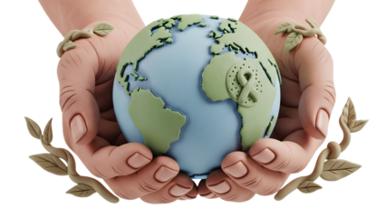 Hands holding earth globe with green sprouting plants symbolizing environmental care and sustainability, perfect for eco-friendly topics