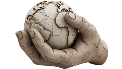 Hand holding a cracked globe sculpture symbolizing environmental decay and earth damage, perfect for ecological or climate change themes