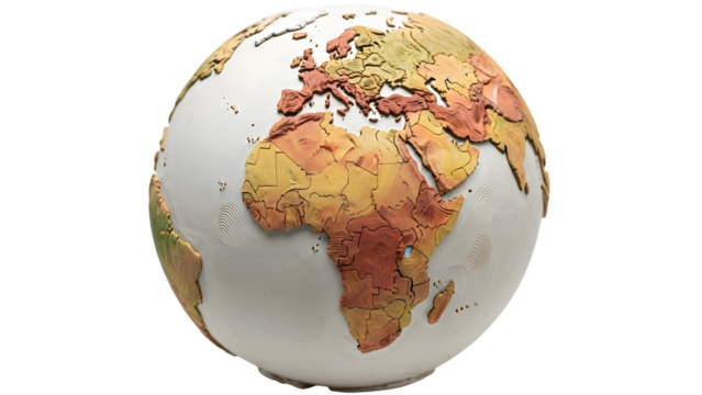 3D rendering of the Earth globe with raised relief showing continents and terrain, featuring Africa, Europe, and the Middle East, perfect for educational and geographic projects