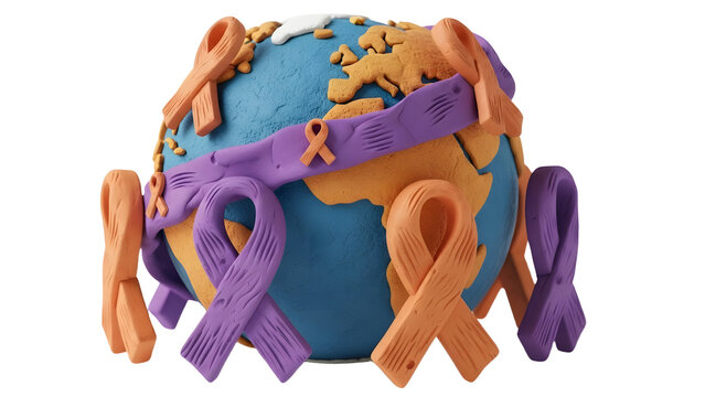 3D illustration of a globe with purple and orange awareness ribbons around it symbolizing global health causes and support