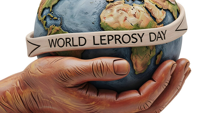 World Leprosy Day concept with hands holding a globe wrapped in a banner, symbolizing global awareness and support, perfect for health campaigns