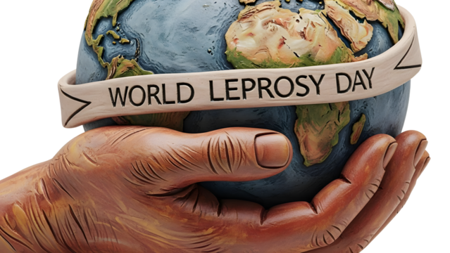 World Leprosy Day concept with hands holding a globe wrapped in a banner, symbolizing global awareness and support, perfect for health campaigns - Powered by Adobe