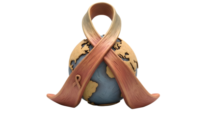 Copper ribbon symbol for prostate cancer awareness wrapped around a globe representing global health and support, perfect for medical and charity campaigns