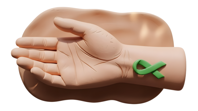 Hand holding green awareness ribbon symbolizing mental health support and environmental awareness, perfect for health campaigns and social causes