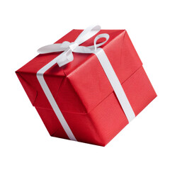 red gift box with white ribbon on white background.