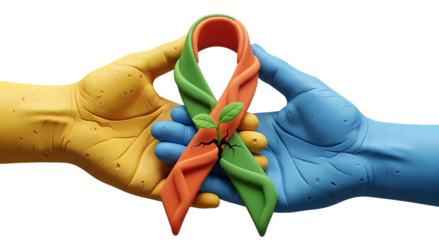 Hands painted in yellow and blue holding an intertwined orange and green awareness ribbon symbolizing unity and support, perfect for campaigns and social causes - Powered by Adobe