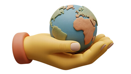 3D illustration of a hand holding a small earth globe, symbolizing environmental protection and global care, perfect for eco-friendly themes