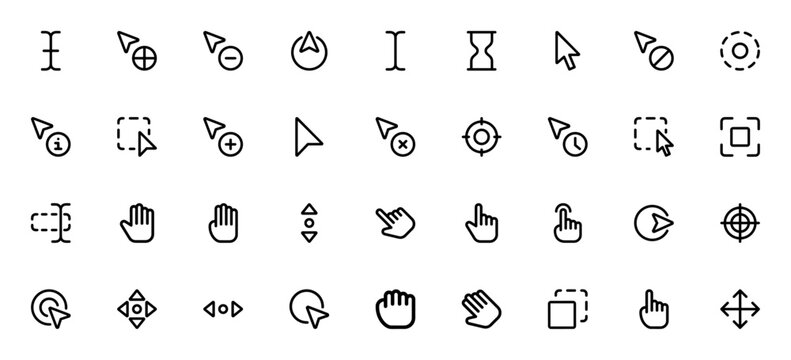 Selection and Cursors icon set. Vector cursor and seection icons. Featuring tet cursor, hand pointer, moe, click, target, hourglas, selection box and more. ditable stroke.