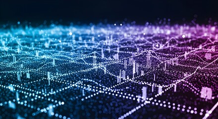 Abstract Digital Technology Network Grid Background with Blue and Purple Gradient Bokeh Light