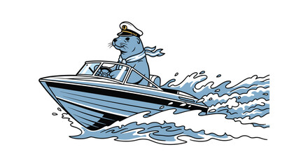 Funny cartoon seal wearing a captain's hat and scarf while expertly driving a speedboat, creating large waves in the water.
