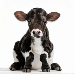 Fototapeta premium A baby cow (calf) sitting on a white seamless backdrop, very cute for education