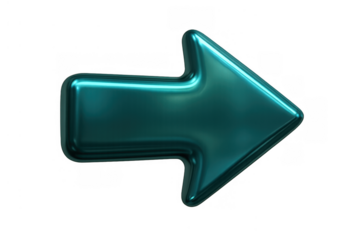 Glossy metallic teal 3d rendering of an arrow pointing to the right, signifying direction, navigation, and next steps
