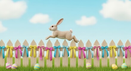 Festive easter landscape with bunny jumping over picket fence decorated with ribbons