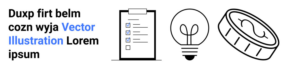 Productivity, innovation, financial planning, business strategy, project management, brainstorming. A checklist on a clipboard, lightbulb and coin. Productivity and innovation concepts for business