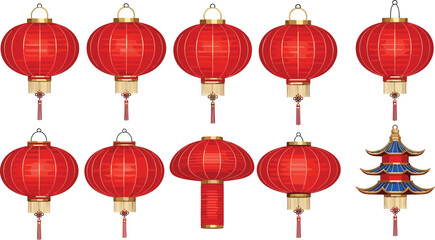 Chinese red lantern collection, traditional festive decor, pagoda ornament, Lunar New Year celebration, cultural design, holiday symbols, vibrant illustration © Sakib World
