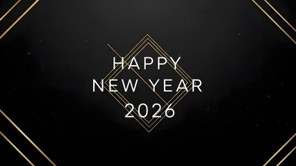 Elegant Happy New Year 2026 message with golden geometric lines on a dark background.