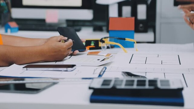 Team of architects, engineers work together reviewing architectural plans. Examining blueprints, making notes on building plans. Likely in office setting. Collaboration key to design project. Image