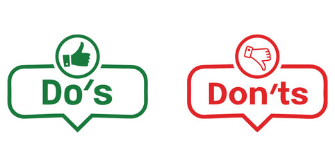 Do's and don'ts icon. to do and not to do symbol for guidelines and rules list.Dos and donts like thumbs up or down. Like or dislike index finger sign. Thumb up and thumb down sign - stock vector