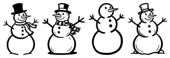 Collection of cute hand drawn snowman characters with hats and scarves vector illustration in black sketch outline style
