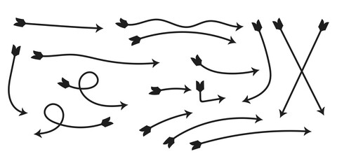 Hand-drawn black arrows set on white background | curved, looping, swirled, sketch arrows collection for design, presentation, infographic elements