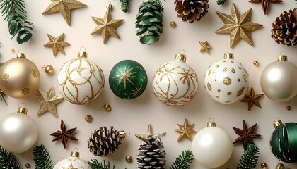 Flat lay of assorted Christmas ornaments in gold white and green palette