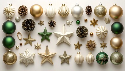 Flat lay of assorted Christmas ornaments in gold white and green palette