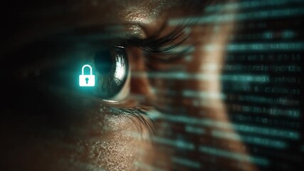Digital Surveillance: An Eye Into the Future: A close-up view of a person's eye, with a digital padlock icon projected onto the iris, overlaid with streams of binary code. - Powered by Adobe