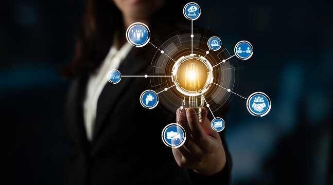 A businesswoman showcases a light bulb symbolizing innovation. Surrounding digital icons represent key concepts in technology and networking, ideal for creative projects. Crux