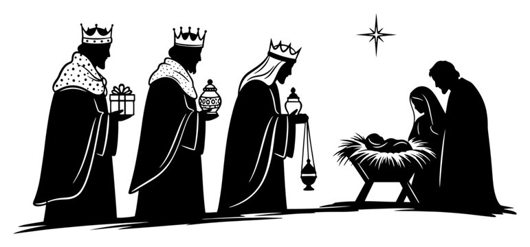 Three wise men bringing gifts to baby Jesus in nativity scene silhouette vector illustration