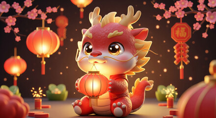 Naklejka premium 3D Cute Dragon – Lantern Glow