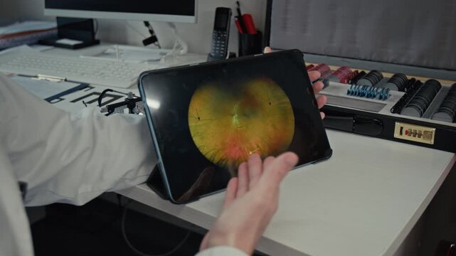 Over shoulder close up shot of male doctor as ophthalmologist pointing at images on digital tablet screen during consultation in eye clinic, copy space