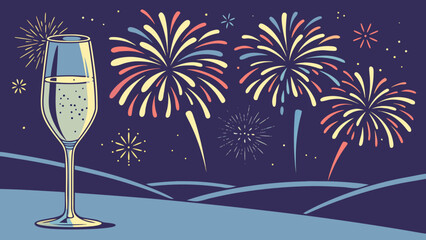 New year celebration background with champagne wine glasses, decoration, and night sky fireworks vector illustration