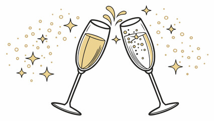 Two champagne glasses vector illustration for a New Year's celebration and toast on a black background