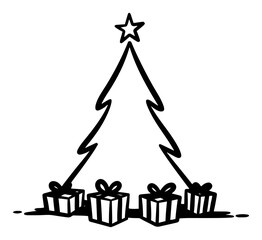 Stylized Christmas tree with star and pile of gift boxes vector illustration in black brush stroke outline style