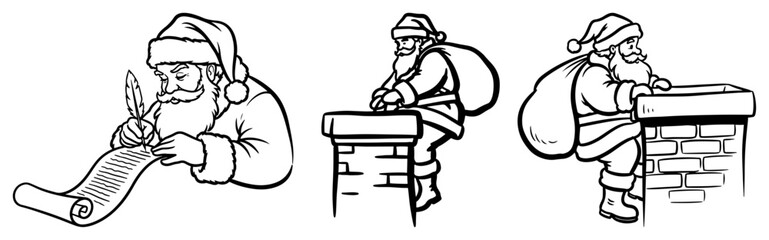 Set of hand drawn funny santa claus characters writing list and climbing chimney vector illustration black and white christmas icons