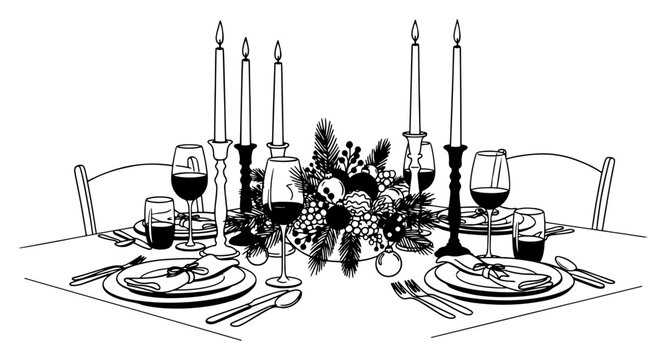 Hand drawn Christmas dinner table setting with candles wine glasses and festive centerpiece vector sketch illustration