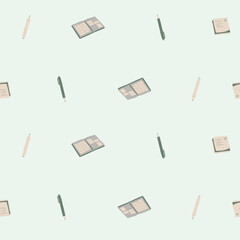 A calming and minimalist seamless pattern featuring floating notebooks, pens, and sticky notes on a gentle sage green background.