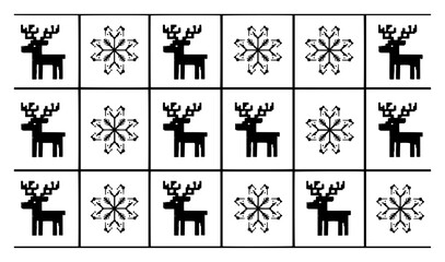 Nordic christmas knitting pattern with reindeer and snowflakes vector illustration black and white scandinavian ornament texture