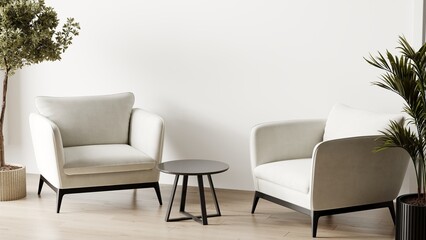 Clean light color - interior lounge accent. Neutral elegant panton color of the year 2026 cloud dancer of walls and furniture armchairs. Living modern stylish room interior mockup design. 3d render