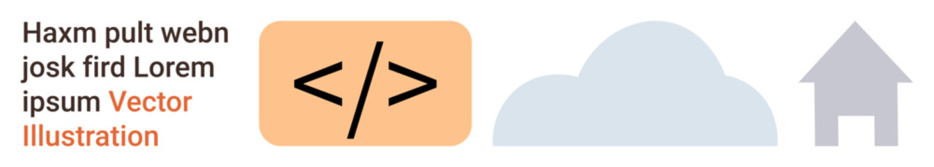 Web development, cloud computing, digital operations, technology solutions, online systems, data. Symbols include a coding tag, cloud and house graphic. Web development and cloud computing concepts
