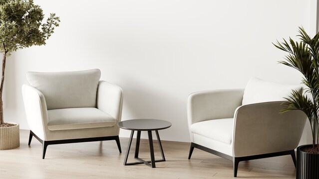 Clean light color - interior lounge accent. Neutral elegant panton color of the year 2026 cloud dancer of walls and furniture armchairs. Living modern stylish room interior mockup design. 3d render