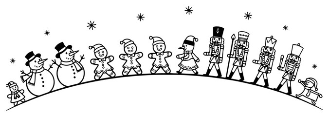 Christmas border with walking snowmen gingerbread men and nutcrackers vector illustration holiday characters parade on snow