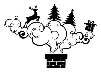 Magical chimney smoke forming reindeer tree and gift silhouettes vector illustration black and white christmas fantasy concept